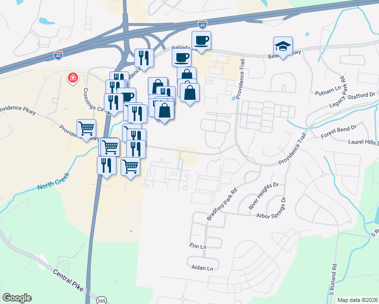 map of restaurants, bars, coffee shops, grocery stores, and more near 1352 Westwood Boulevard in Mt. Juliet