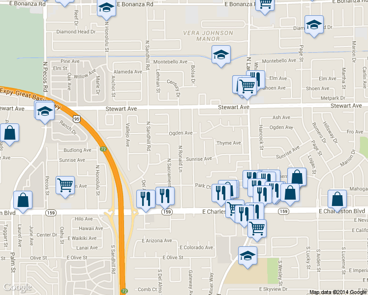 map of restaurants, bars, coffee shops, grocery stores, and more near 212 North Ronald Lane in Las Vegas