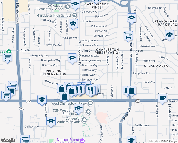 map of restaurants, bars, coffee shops, grocery stores, and more near 6325 Brittany Way in Las Vegas