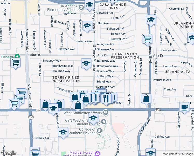 map of restaurants, bars, coffee shops, grocery stores, and more near 6349 Brittany Way in Las Vegas