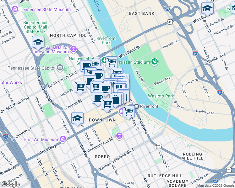 map of restaurants, bars, coffee shops, grocery stores, and more near 200 Commerce Street in Nashville