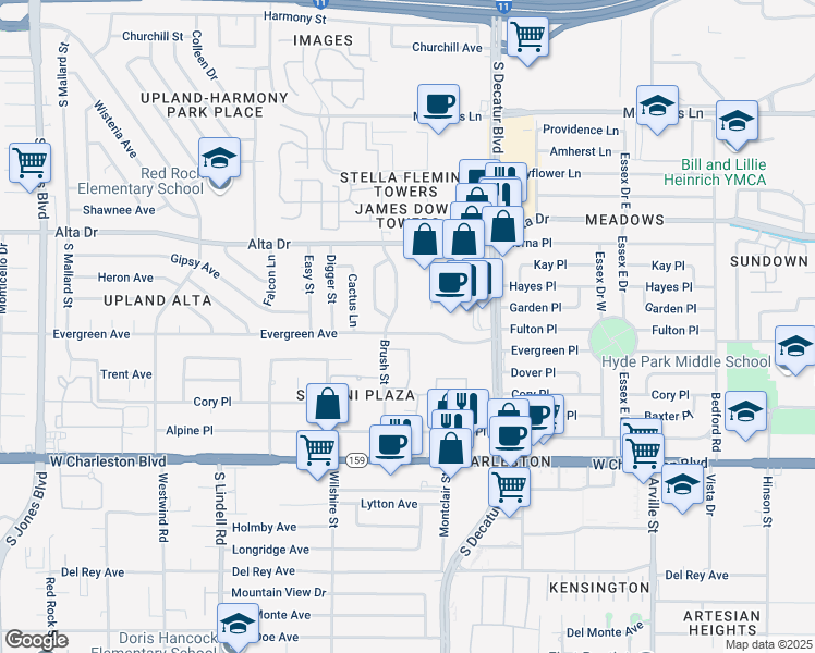 map of restaurants, bars, coffee shops, grocery stores, and more near 5012 Evergreen Avenue in Las Vegas