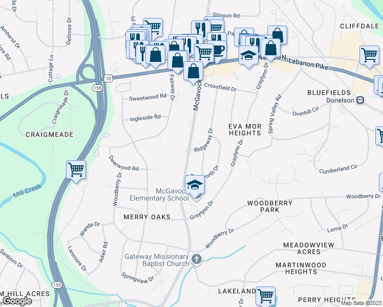 map of restaurants, bars, coffee shops, grocery stores, and more near 245 Ridgeway Drive in Nashville