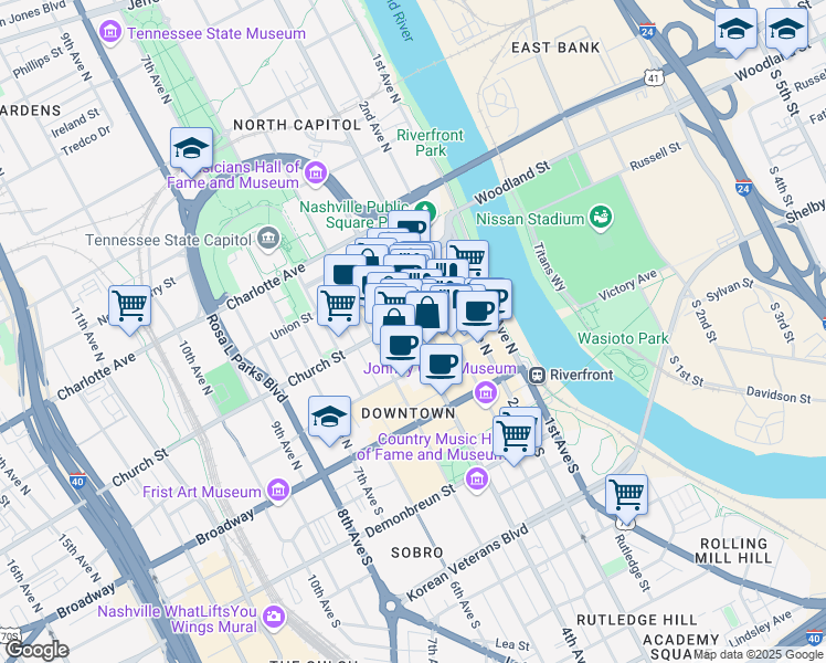 map of restaurants, bars, coffee shops, grocery stores, and more near 162 4th Avenue North in Nashville