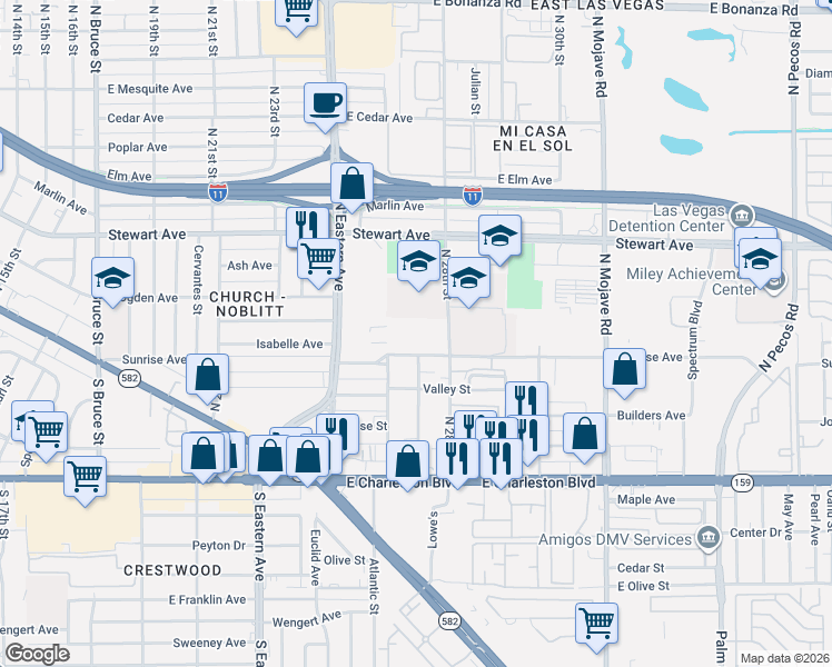 map of restaurants, bars, coffee shops, grocery stores, and more near 2601 E Sunrise Avenue in Las Vegas