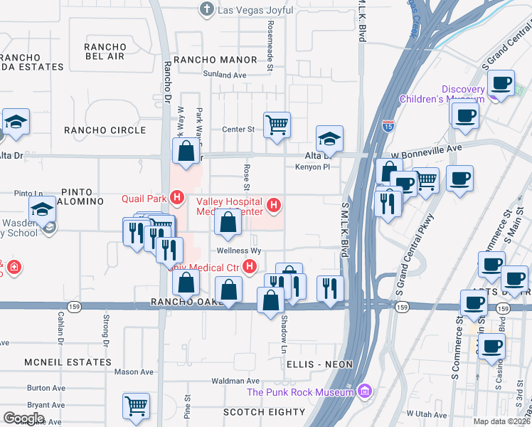 map of restaurants, bars, coffee shops, grocery stores, and more near 620 Shadow Lane in Las Vegas