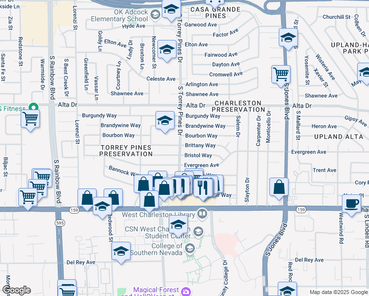 map of restaurants, bars, coffee shops, grocery stores, and more near 6349 Brittany Way in Las Vegas