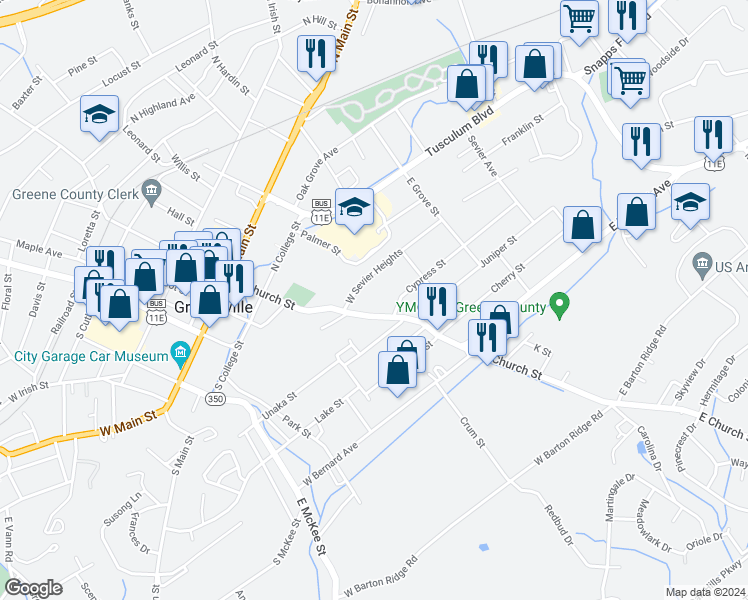 map of restaurants, bars, coffee shops, grocery stores, and more near 413 East Church Street in Greeneville