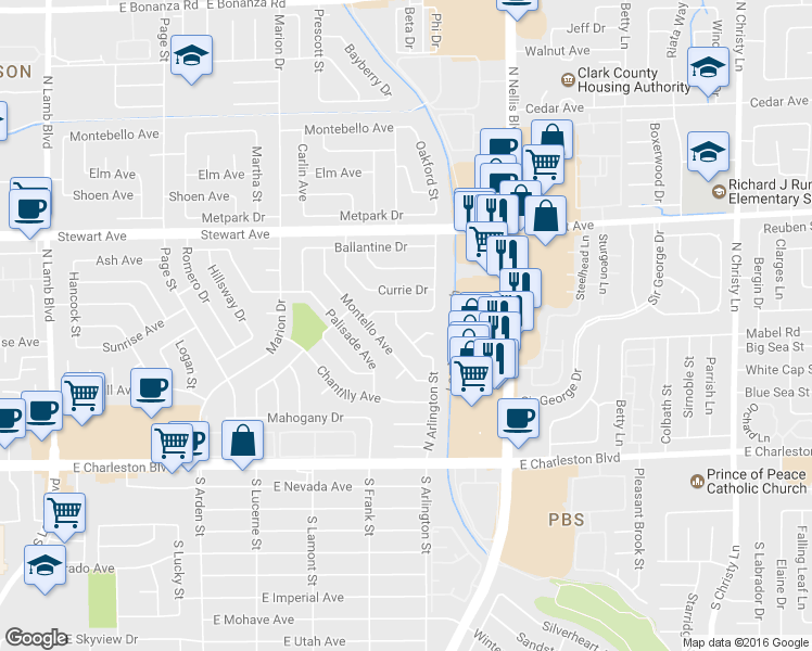map of restaurants, bars, coffee shops, grocery stores, and more near 109 N Arlington St in Las Vegas