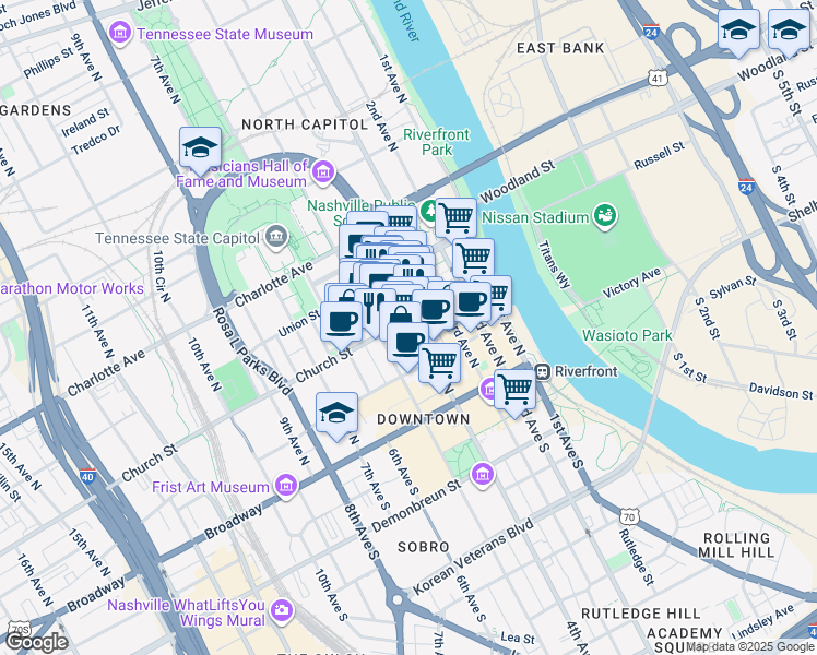 map of restaurants, bars, coffee shops, grocery stores, and more near 208 Printers Alley in Nashville