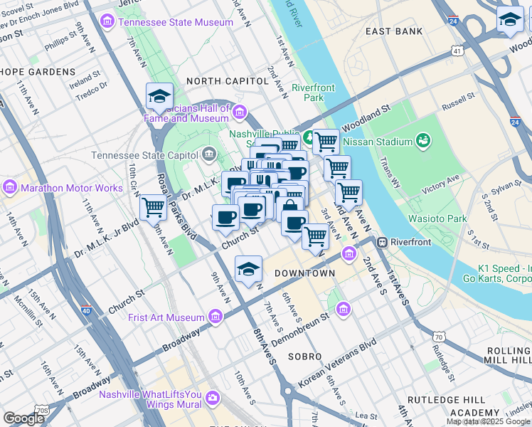 map of restaurants, bars, coffee shops, grocery stores, and more near 501 Church Street in Nashville