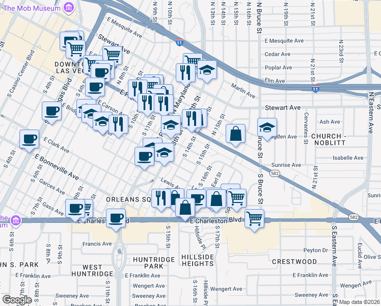 map of restaurants, bars, coffee shops, grocery stores, and more near 1400 Carson Avenue in Las Vegas