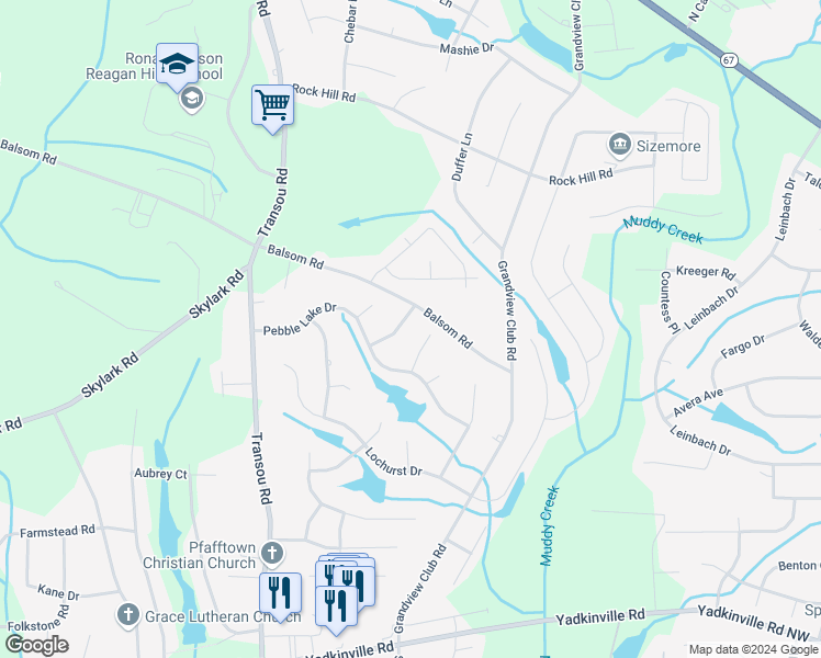 map of restaurants, bars, coffee shops, grocery stores, and more near 3645 Glennmoor Drive in Pfafftown