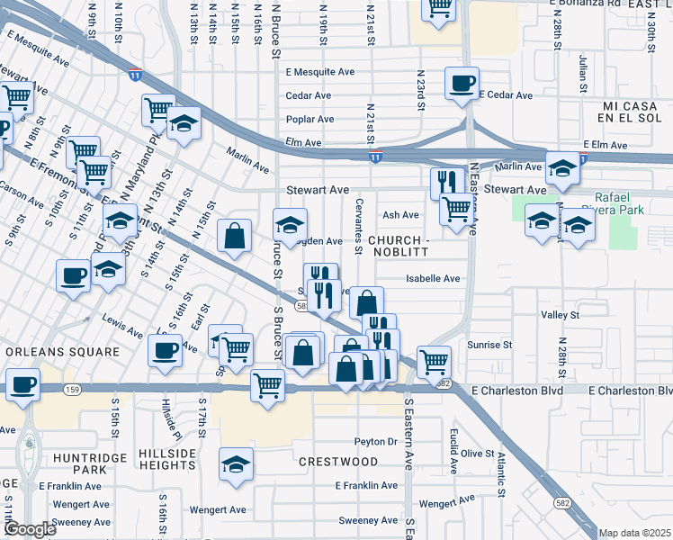 map of restaurants, bars, coffee shops, grocery stores, and more near 121 North 20th Street in Las Vegas