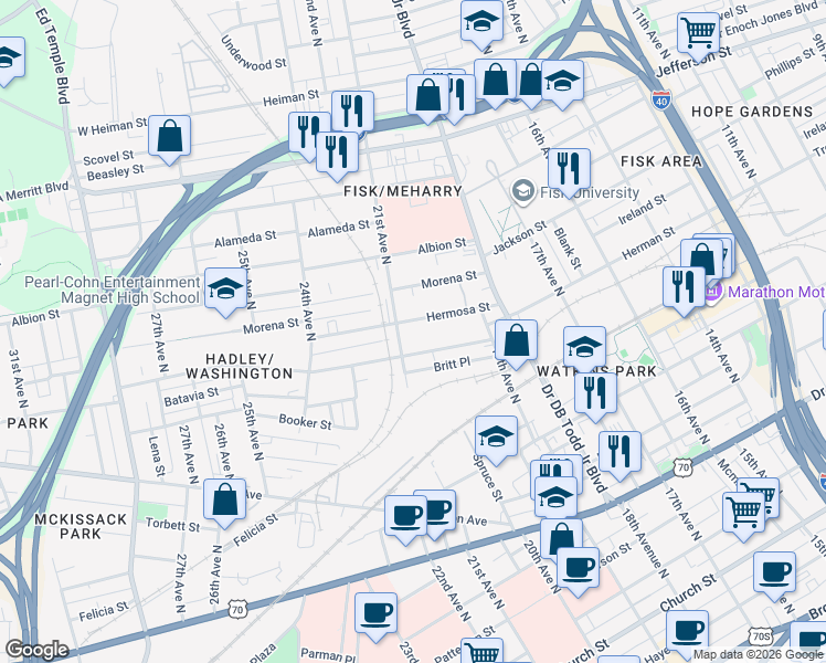 map of restaurants, bars, coffee shops, grocery stores, and more near 1913 Hermosa Street in Nashville