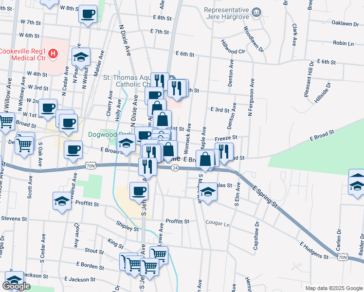 map of restaurants, bars, coffee shops, grocery stores, and more near 457 Freeze Street in Cookeville