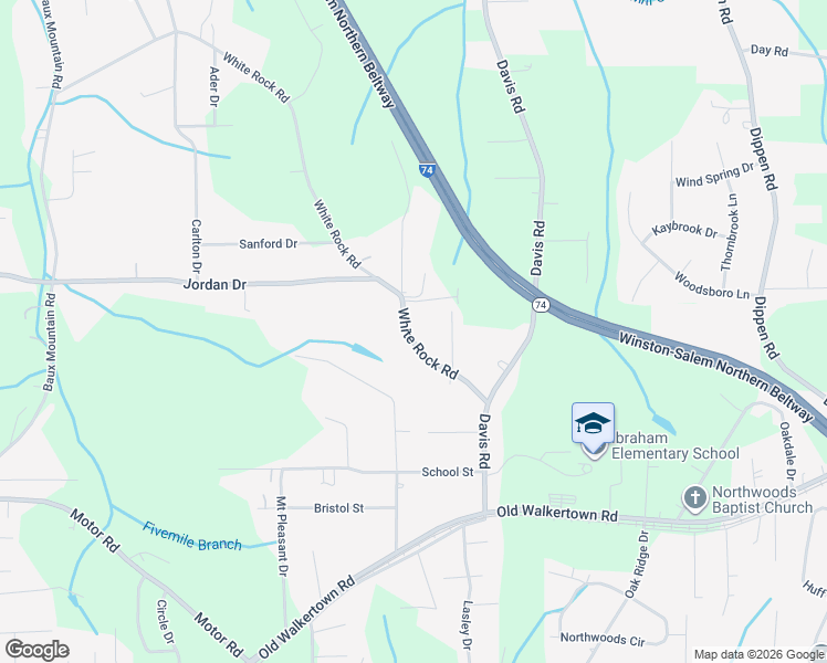 map of restaurants, bars, coffee shops, grocery stores, and more near 4727 White Rock Road in Winston-Salem