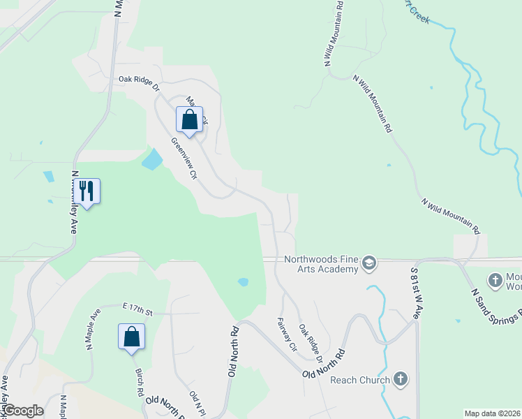 map of restaurants, bars, coffee shops, grocery stores, and more near 610 Oak Ridge Drive in Sand Springs