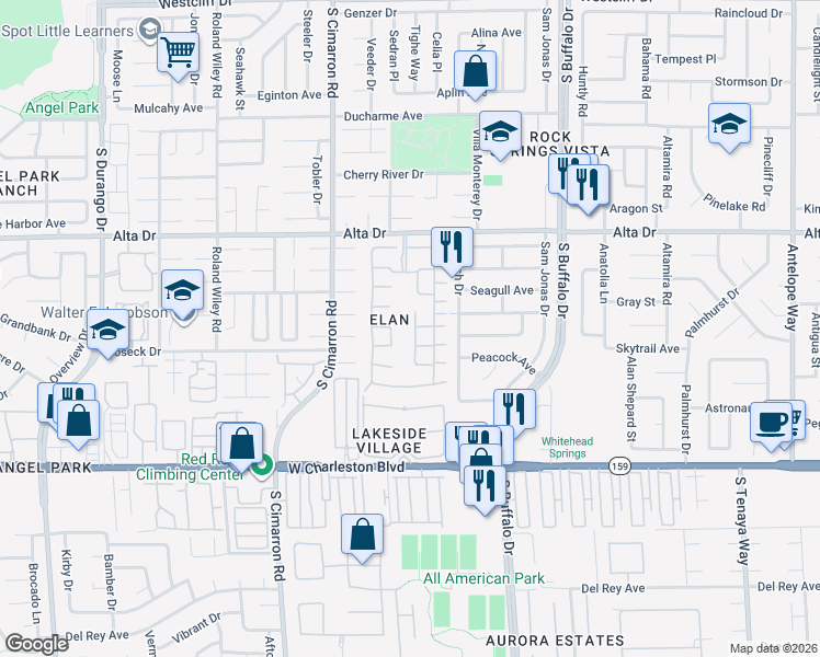 map of restaurants, bars, coffee shops, grocery stores, and more near 717 Wheat Ridge Lane in Las Vegas