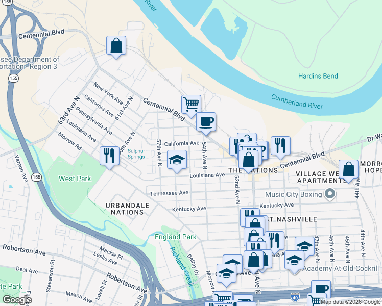 map of restaurants, bars, coffee shops, grocery stores, and more near 1402 55th Avenue North in Nashville