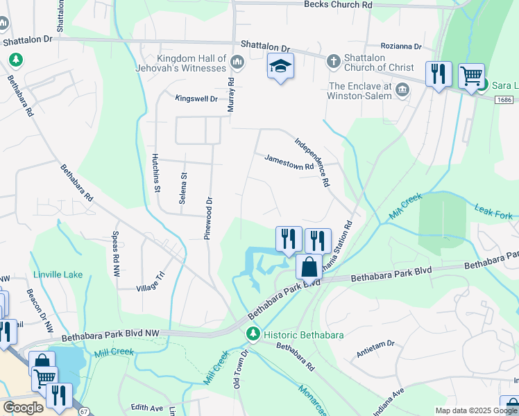 map of restaurants, bars, coffee shops, grocery stores, and more near 2109 Taney Court in Winston-Salem