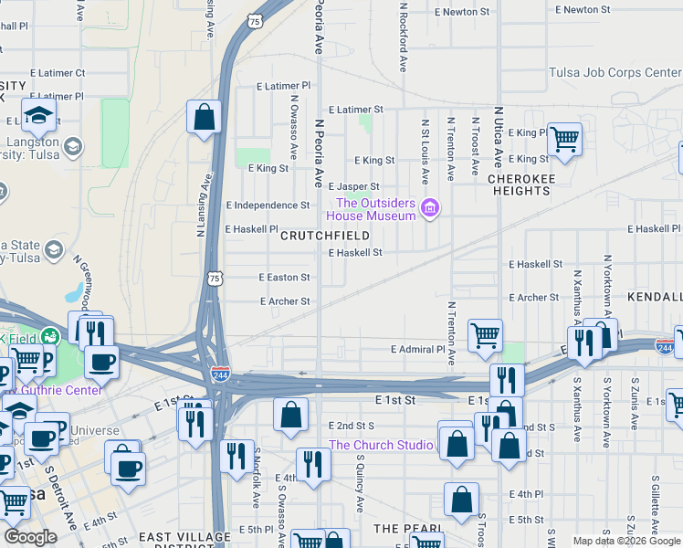 map of restaurants, bars, coffee shops, grocery stores, and more near 512 North Quaker Avenue in Tulsa
