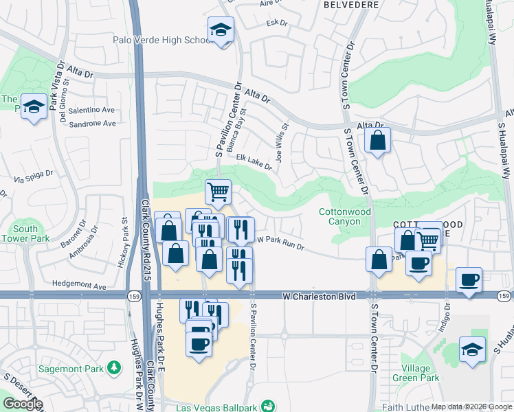 map of restaurants, bars, coffee shops, grocery stores, and more near 10730 Amber Ridge Drive in Las Vegas