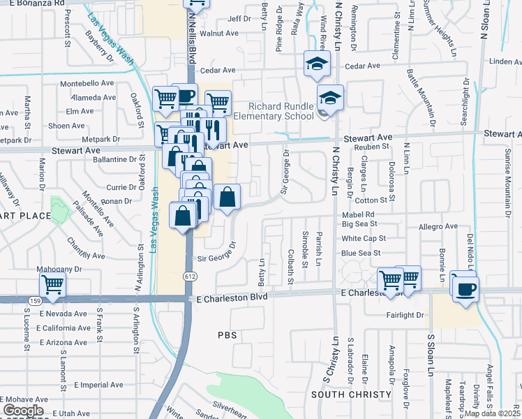 map of restaurants, bars, coffee shops, grocery stores, and more near 216 Sir George Drive in Las Vegas