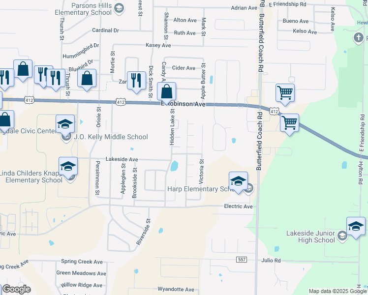 map of restaurants, bars, coffee shops, grocery stores, and more near 2380 Woodford Street in Springdale