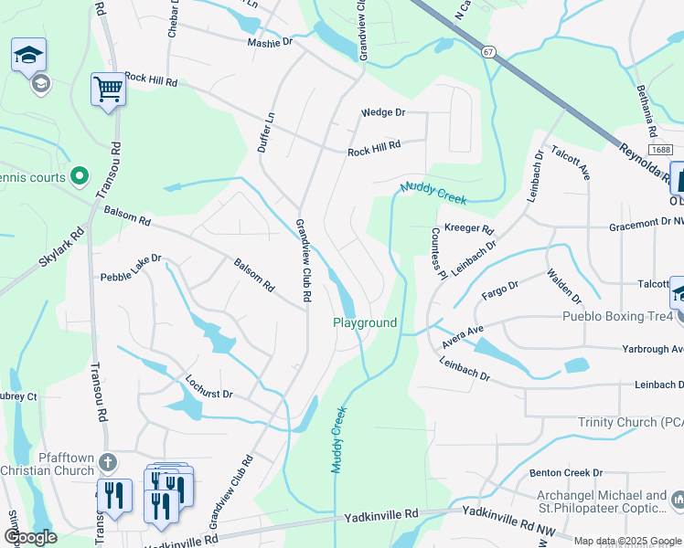 map of restaurants, bars, coffee shops, grocery stores, and more near 4442 Wedge Drive in Pfafftown
