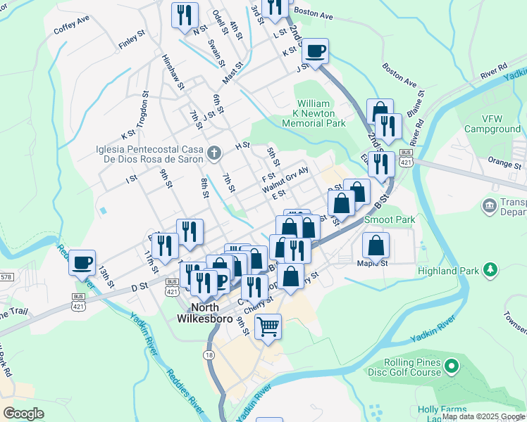 map of restaurants, bars, coffee shops, grocery stores, and more near 401 6th Street in North Wilkesboro