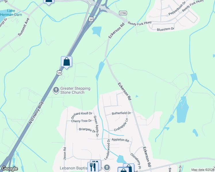 map of restaurants, bars, coffee shops, grocery stores, and more near 5733 Eckerson Road in Greensboro
