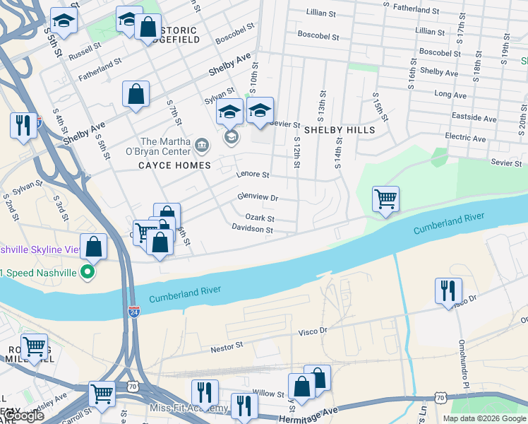 map of restaurants, bars, coffee shops, grocery stores, and more near 1010 Ozark Street in Nashville