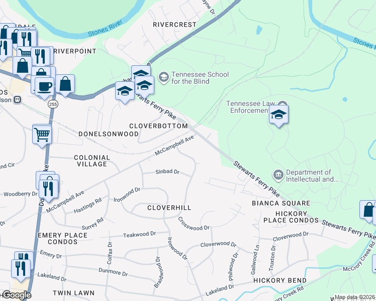 map of restaurants, bars, coffee shops, grocery stores, and more near 409 Cottonwood Drive in Nashville