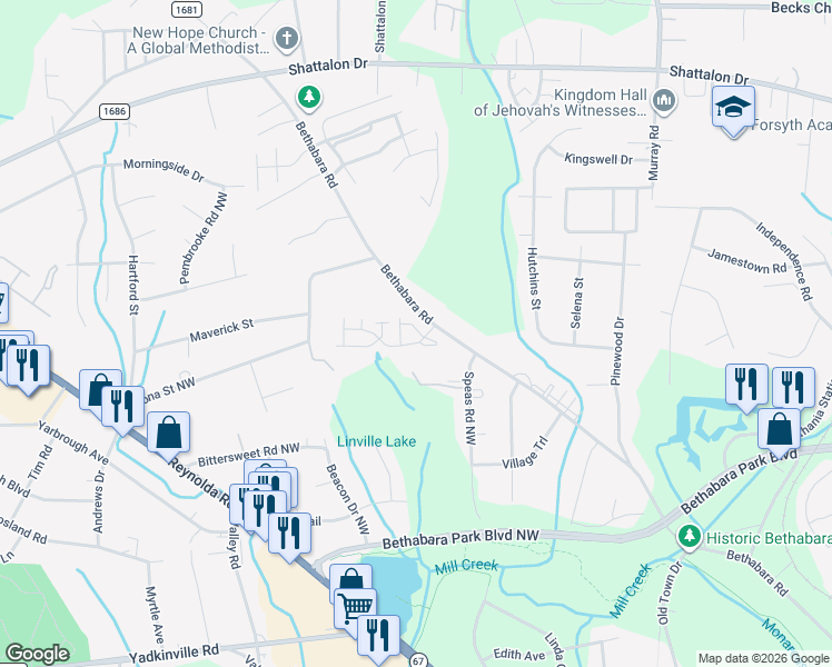 map of restaurants, bars, coffee shops, grocery stores, and more near 2500 Towergate Court in Winston-Salem