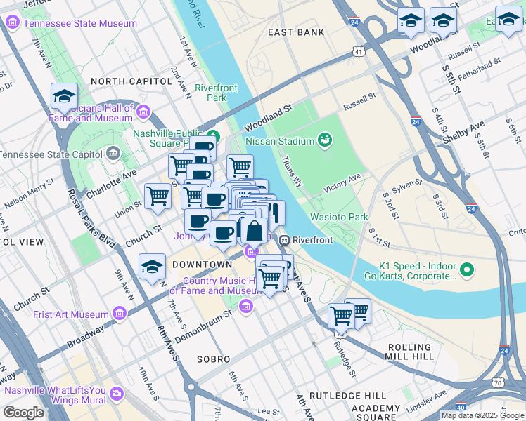map of restaurants, bars, coffee shops, grocery stores, and more near 144 2nd Avenue South in Nashville
