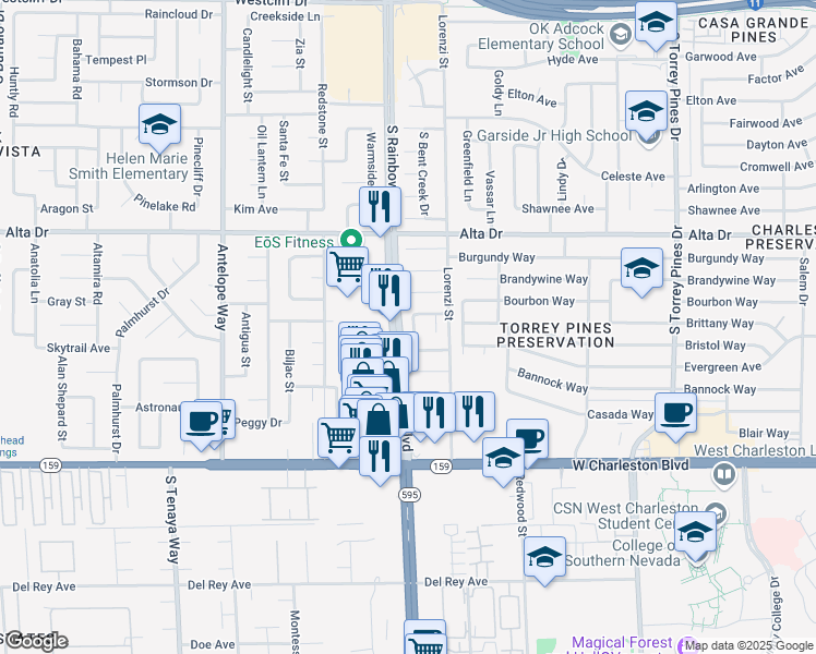 map of restaurants, bars, coffee shops, grocery stores, and more near 716 Kelso Way in Las Vegas