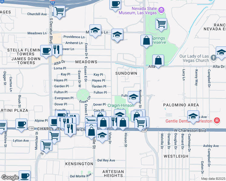 map of restaurants, bars, coffee shops, grocery stores, and more near 719 Bedford Road in Las Vegas