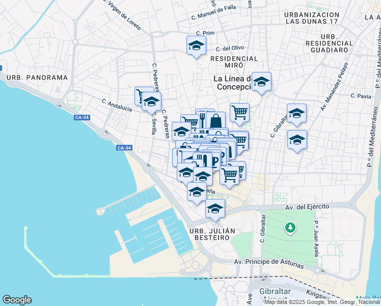 map of restaurants, bars, coffee shops, grocery stores, and more near 31 Calle Moreno de Mora in La Línea de la Concepción