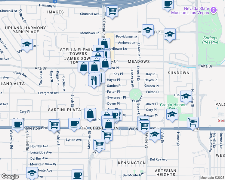 map of restaurants, bars, coffee shops, grocery stores, and more near 4700 Fulton Place in Las Vegas