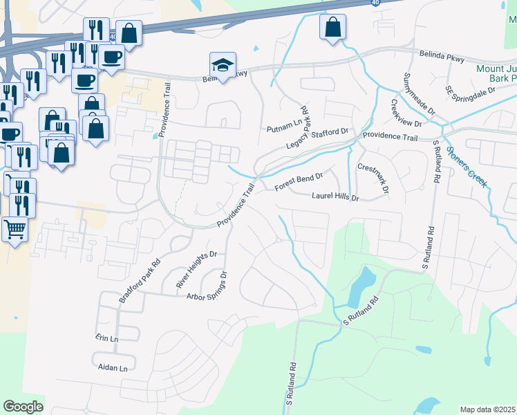 map of restaurants, bars, coffee shops, grocery stores, and more near 105 Baird Farms Boulevard in Mt. Juliet