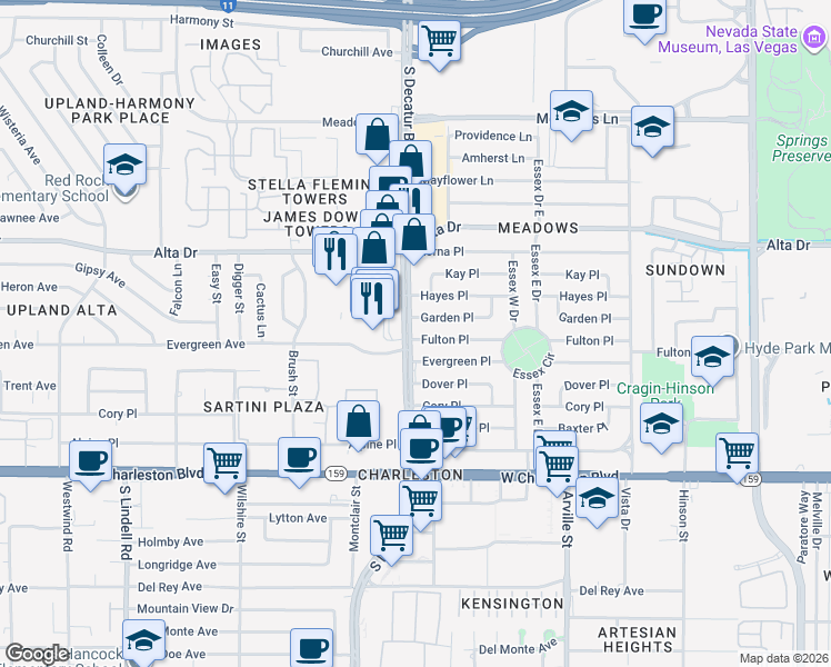 map of restaurants, bars, coffee shops, grocery stores, and more near 701 South Decatur Boulevard in Las Vegas