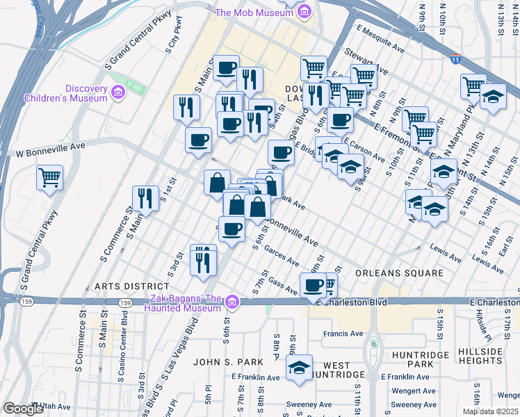 map of restaurants, bars, coffee shops, grocery stores, and more near 594 South Las Vegas Boulevard in Las Vegas