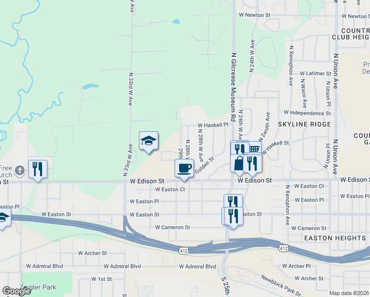map of restaurants, bars, coffee shops, grocery stores, and more near 650 N 28th W Pl in Tulsa
