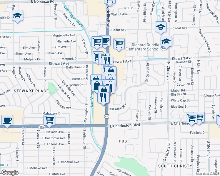 map of restaurants, bars, coffee shops, grocery stores, and more near 230 North Nellis Boulevard in Las Vegas