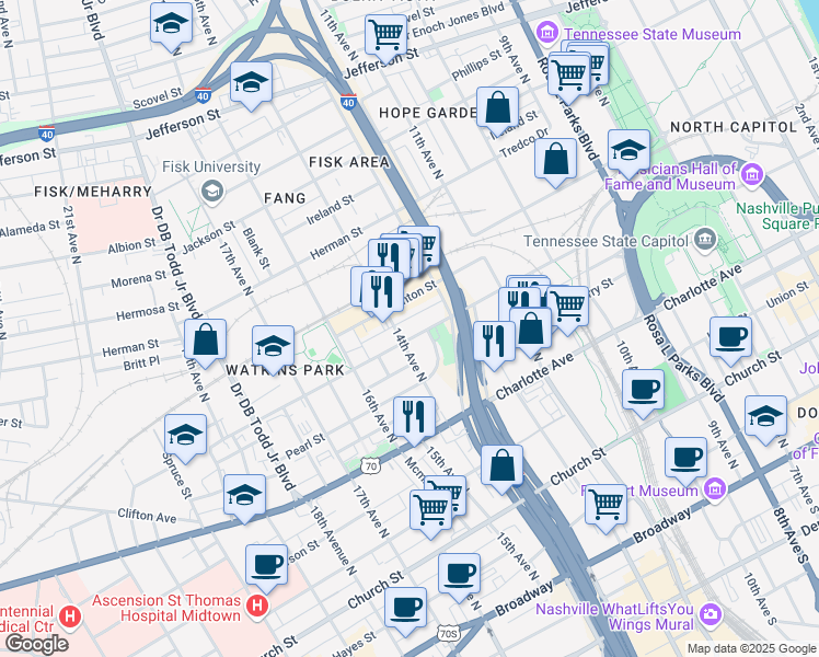 map of restaurants, bars, coffee shops, grocery stores, and more near 1310 Jo Johnston Avenue in Nashville