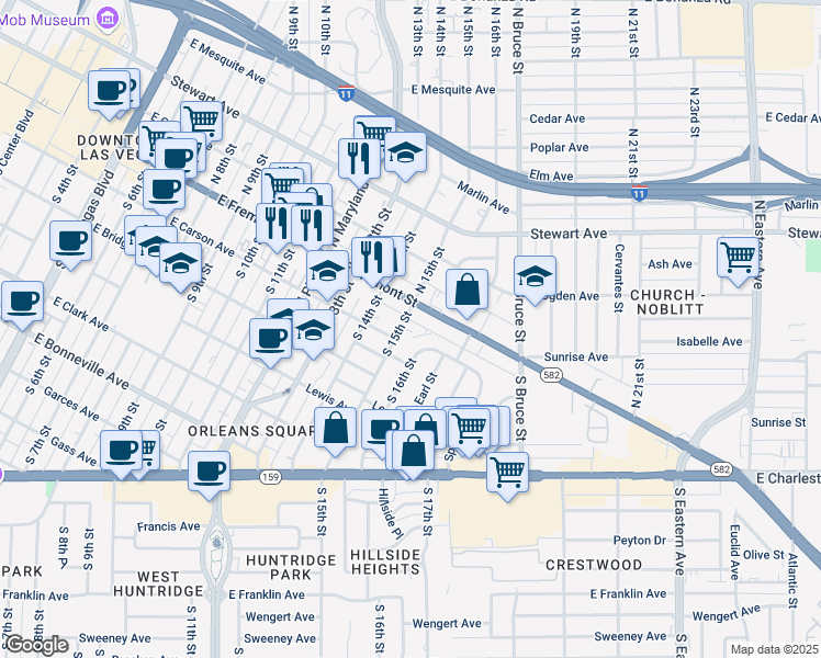 map of restaurants, bars, coffee shops, grocery stores, and more near 121 South 15th Street in Las Vegas
