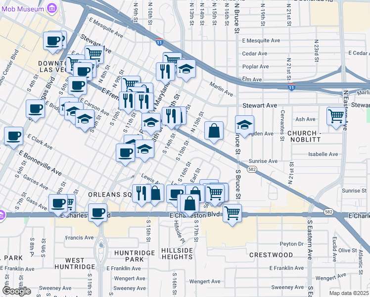 map of restaurants, bars, coffee shops, grocery stores, and more near 121 South 15th Street in Las Vegas