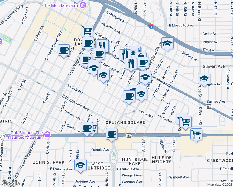 map of restaurants, bars, coffee shops, grocery stores, and more near 327 South 10th Street in Las Vegas