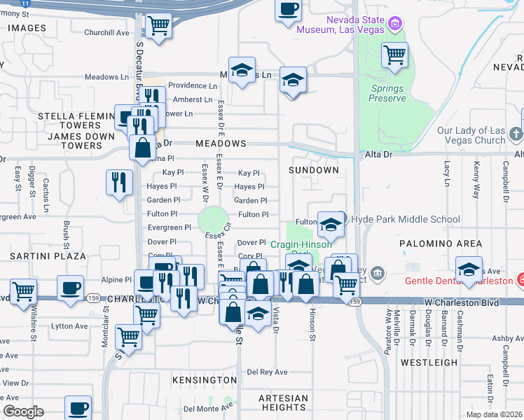 map of restaurants, bars, coffee shops, grocery stores, and more near 4218 Fulton Place in Las Vegas